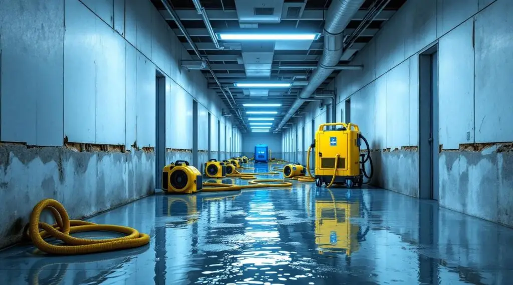 Accel Restoration technicians setting up commercial air movers and dehumidifiers in a flooded Loveland office space.
