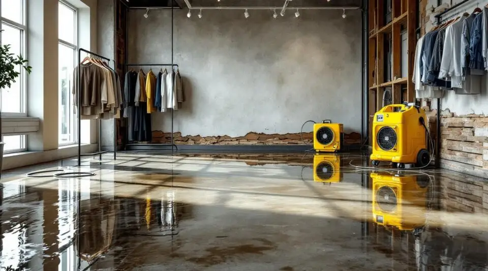 Accel Restoration technicians extracting water from a flooded retail showroom floor in Loveland using commercial extractors.