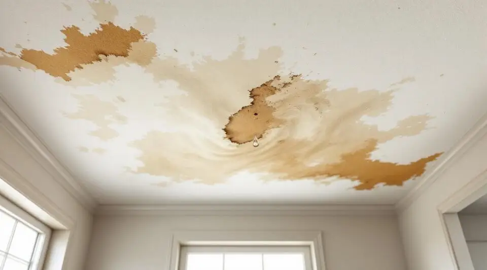 Technician using a moisture meter to inspect a water-stained drywall ceiling in a Loveland home, checking for hidden leaks.