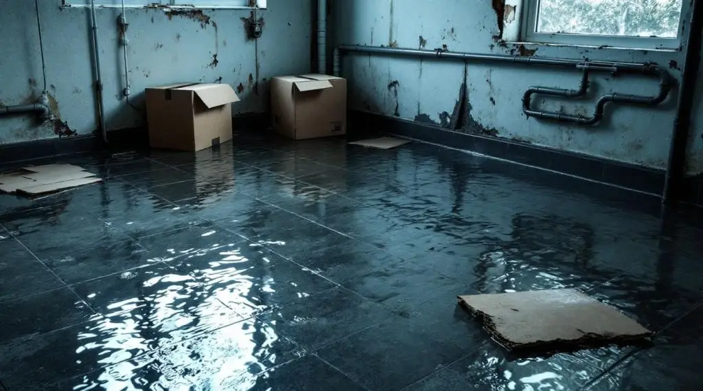 An Accel Restoration technician using a water extraction vacuum on a flooded basement floor in Loveland during emergency cleanup.
