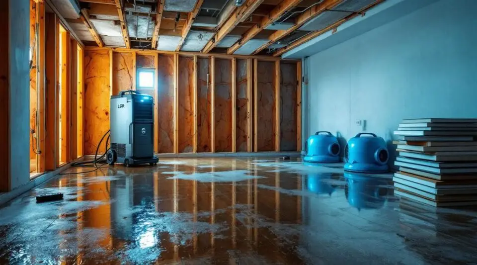 An Accel Restoration technician uses a commercial water extraction vacuum on wet flooring in a flooded Loveland basement.