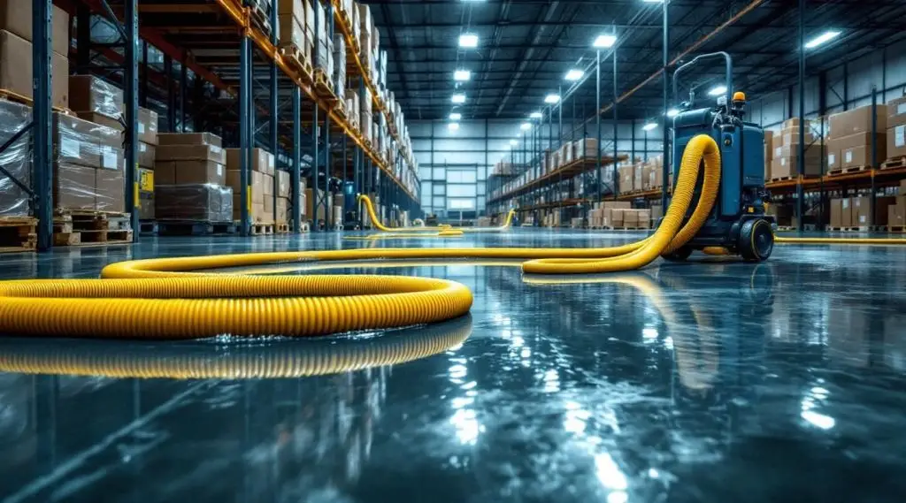 Commercial restoration technicians using truck-mounted water extraction equipment inside a flooded Loveland warehouse facility.