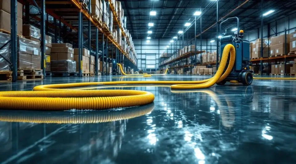 Commercial restoration technicians using truck-mounted water extraction equipment inside a flooded Loveland warehouse facility.