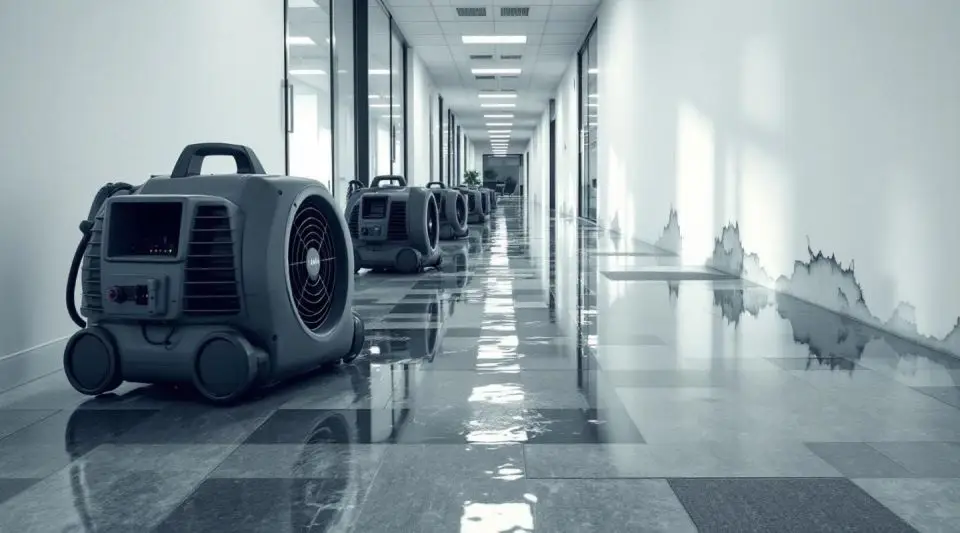 Commercial water extraction technicians drying a flooded office hallway in Loveland using industrial air movers.