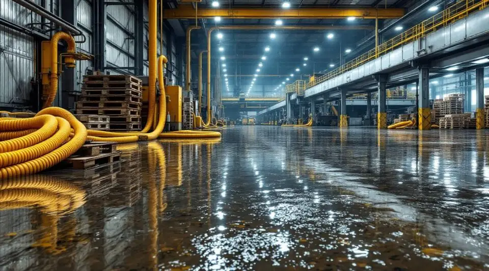 Commercial water extraction technicians using industrial truck-mounted pumps in a flooded Loveland warehouse facility.