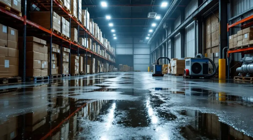 Industrial water extraction equipment drying concrete floors in a large Loveland warehouse facility after a water main break.