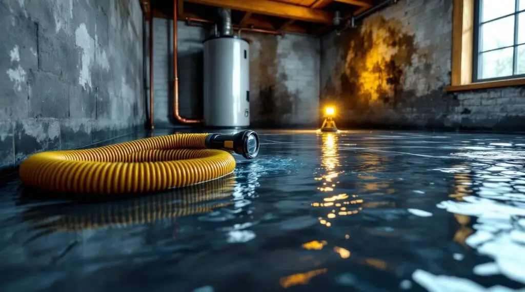 An Accel Restoration technician setting up commercial air movers and dehumidifiers in a flooded Loveland basement.