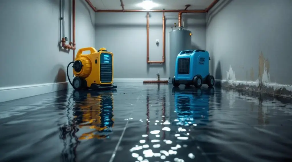 Professional water extraction setup in a flooded Loveland home, featuring high-volume air movers and drying equipment.