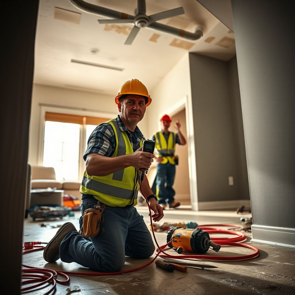 A technician using a moisture meter to check for hidden water behind a drywall wall in a Greeley home.