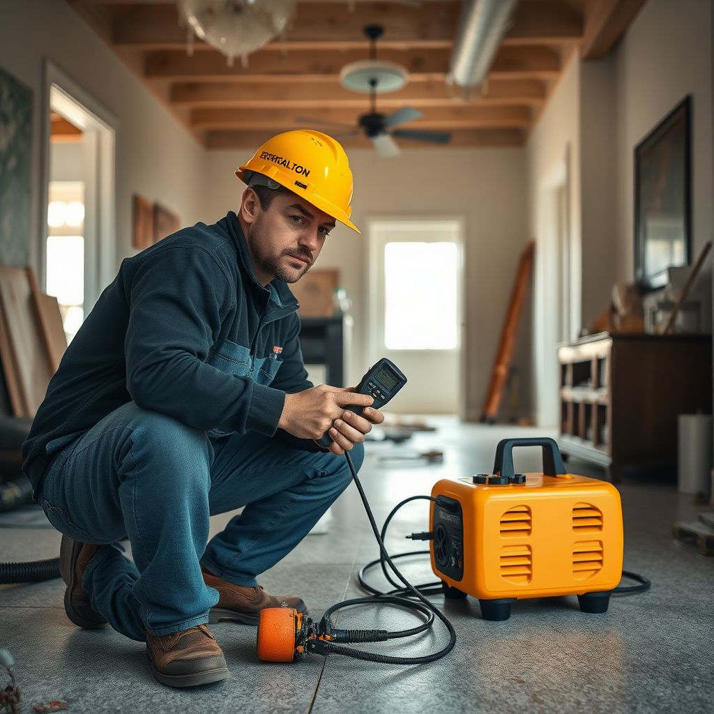 An Accel Restoration technician using a professional moisture meter to check for hidden dampness behind a plaster wall.