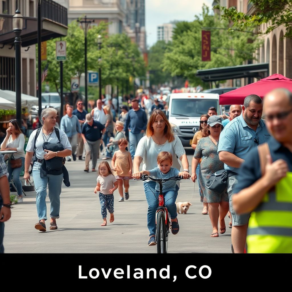A scenic view of historic brick storefronts in downtown Loveland, Colorado, showcasing the city's unique architectural character